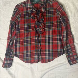 Ralph Lauren Red Ruffled Plaid Blouse size L whimsical y2k career work colorful